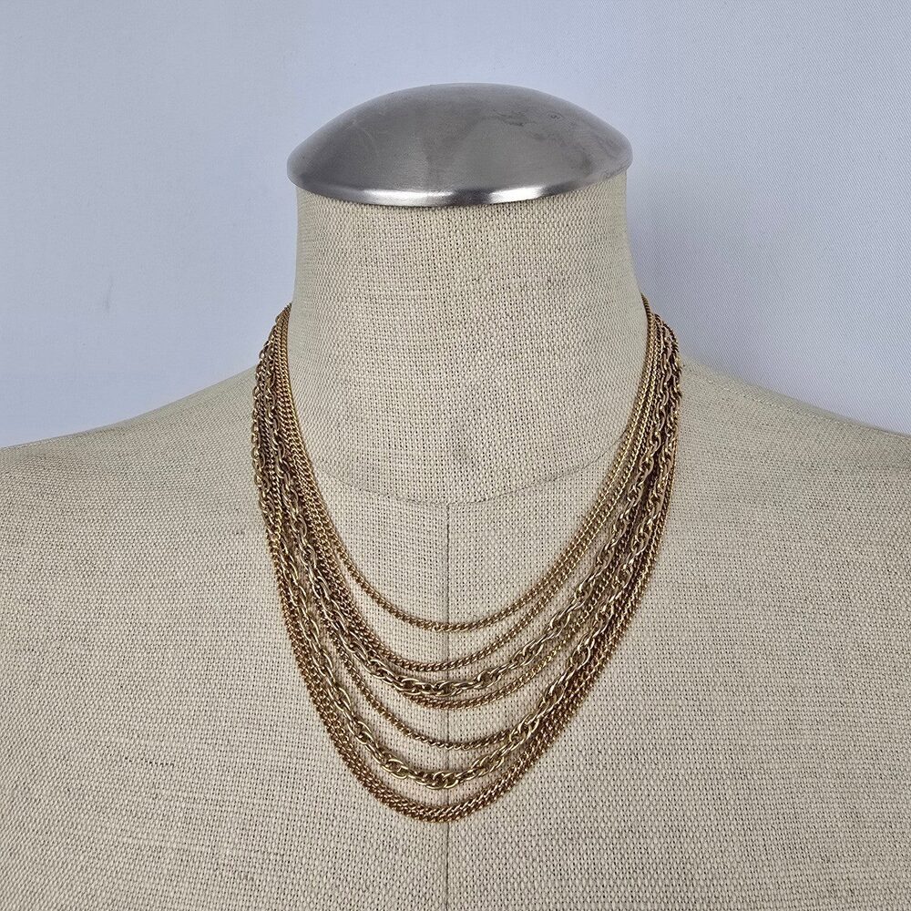 Vintage Gold Tone Chain Necklace Multi Strand Layered Chunky Statement Necklace
